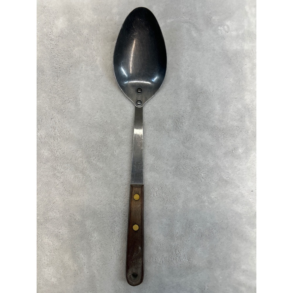 Serving Spoon 13" Stainless Steel Brown Wood Handle‎ Riveted Vintage